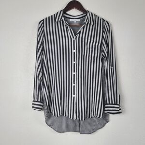 Anthro JANE + DELANCEY Striped Button Up Long Sleeve Shirt Black White